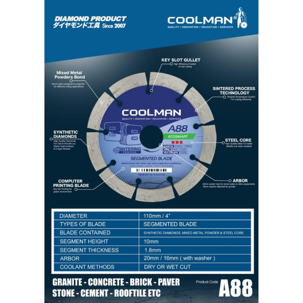 Coolman A88 Segmented Blade 110MM 4" 88 Series Dry Wet Cutting Disc